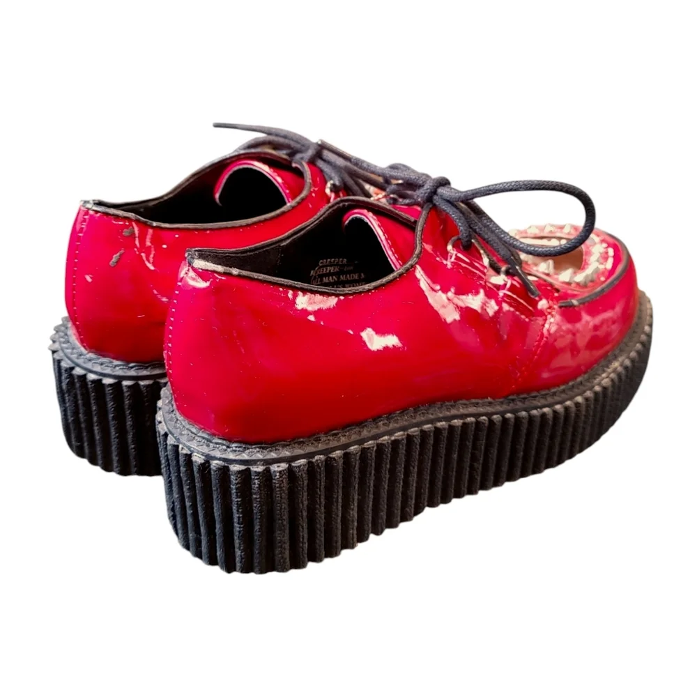 Demonia 108 Red Faux Leather Sheer Heart Studded Lace Up Creepers Women's Size 8